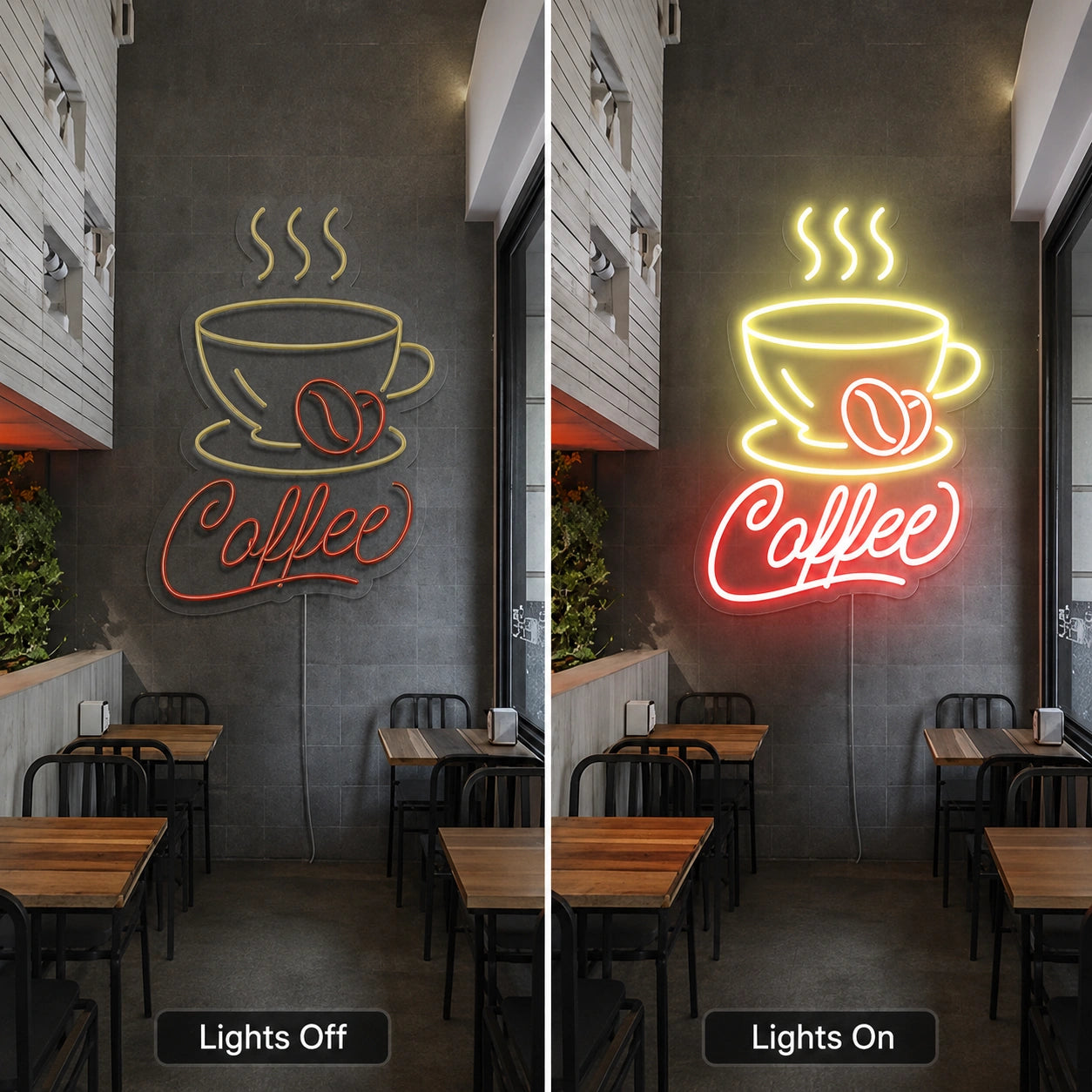 Steaming Coffee Cup Neon Sign LED Neon Sign day and night comparison