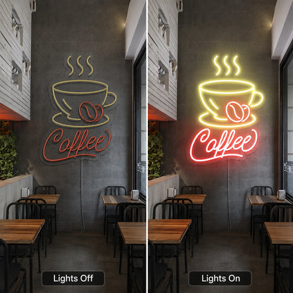 Steaming Coffee Cup Neon Sign LED Neon Sign day and night comparison