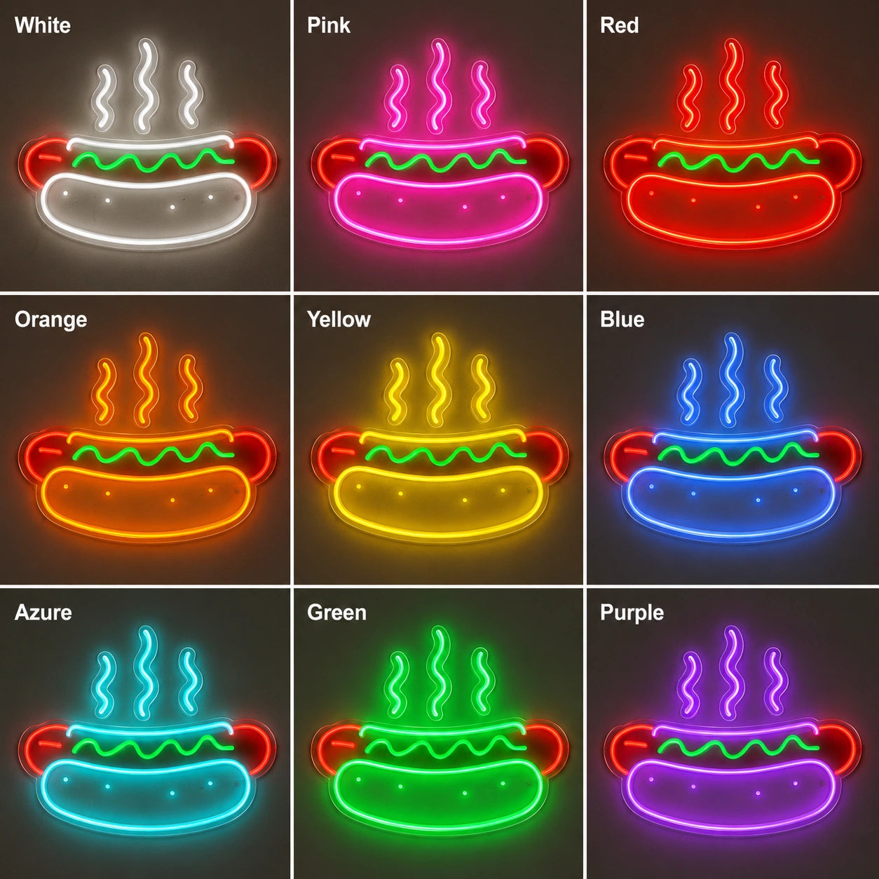 Steaming Hot Dog Neon Sign LED Neon Sign color grid