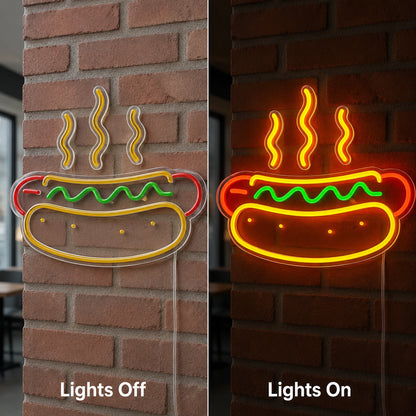 Steaming Hot Dog Neon Sign LED Neon Sign day and night comparison