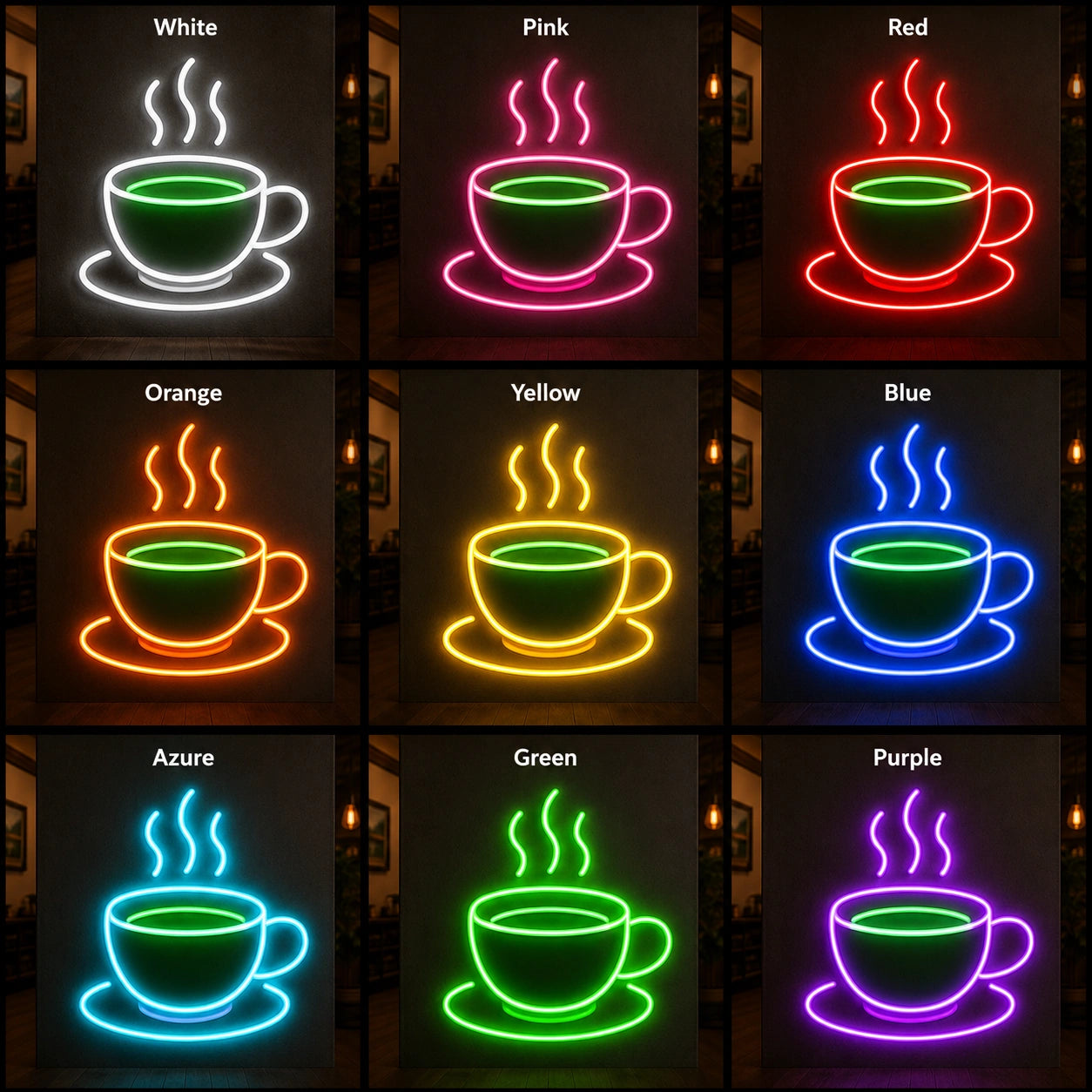 Steaming Tea Cup Saucer LED Neon Sign day and night comparison