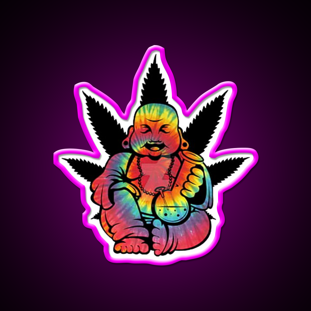 Stoned Buddha Hemp Inspired Green Leaf Led Neon Sign Rgb Color - Neon sign mounted on wall in room