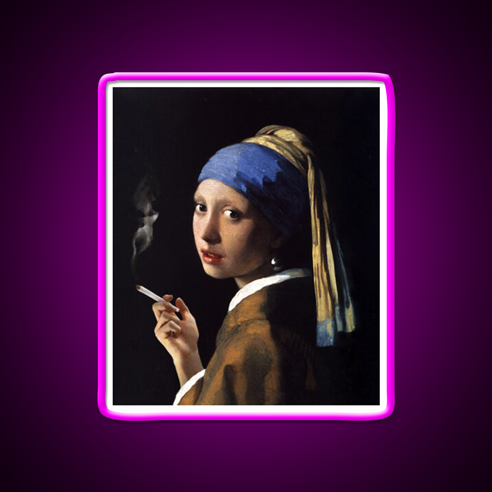 Stoner Girl With A Pearl Earring Hemp Inspired Green Leaf Led Neon Sign Rgb Color - Neon sign mounted on wall in room