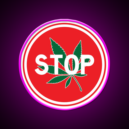 Stop Hemp Inspired Green Leaf Led Neon Sign Rgb Color - Neon sign mounted on wall in room