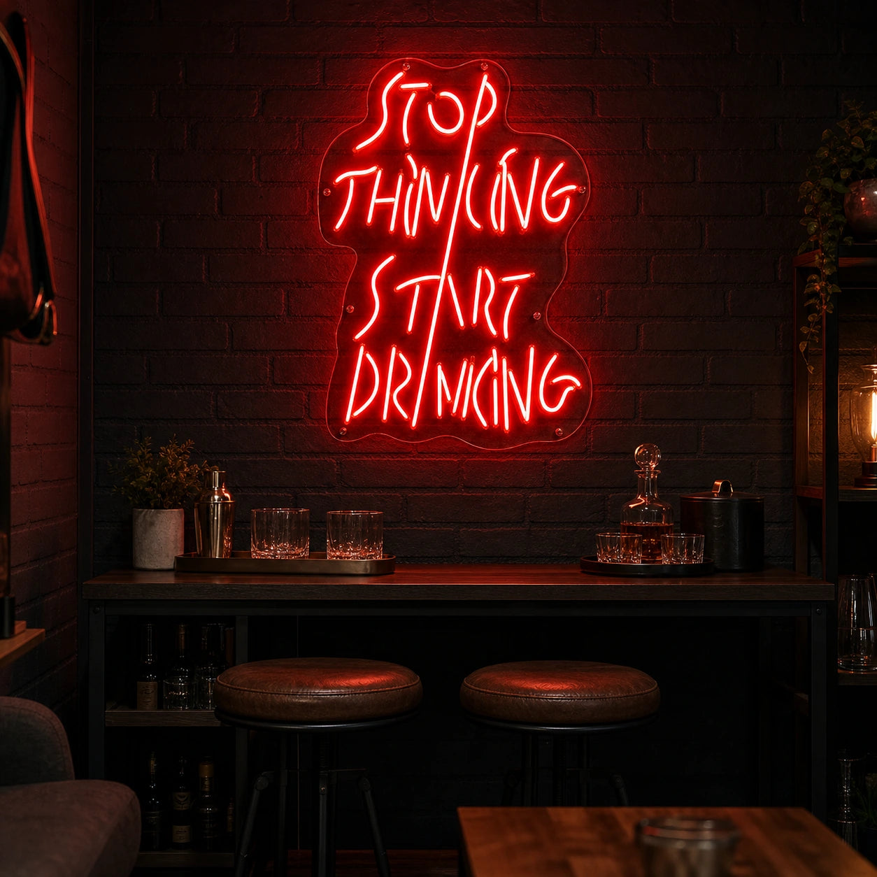 Stop Thinking About Drinking LED Neon Sign Garage Man Cave Neon Sign real lifestyle scene