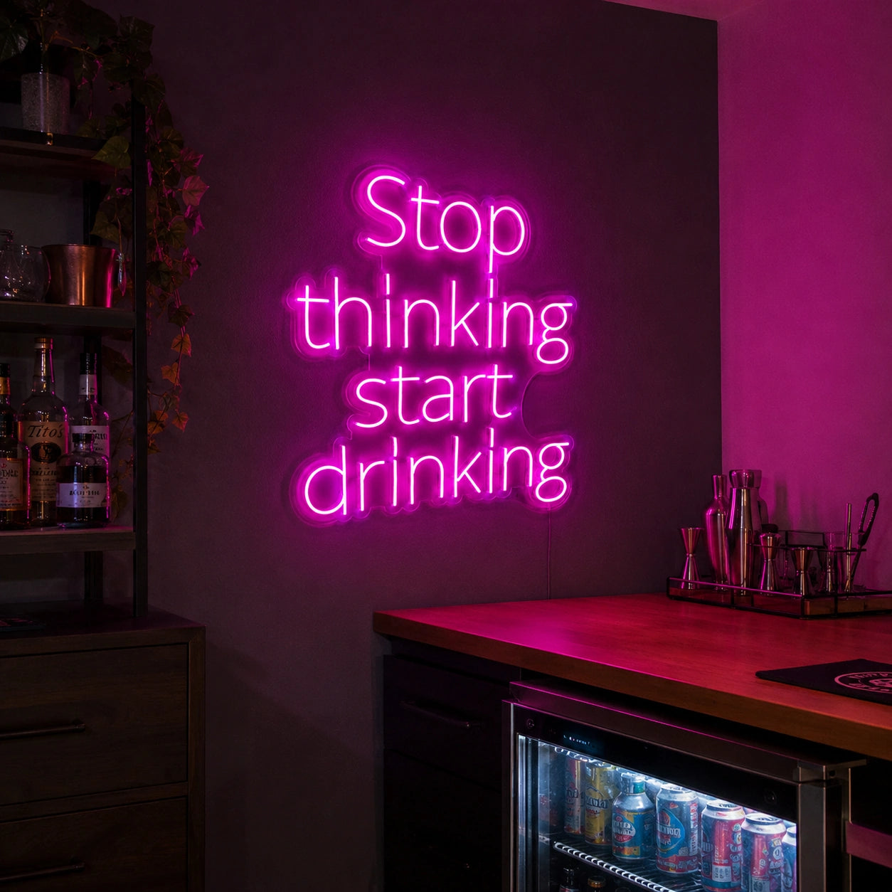 Stop Thinking Start Drinking LED Neon Sign Garage Man Cave Neon Sign real lifestyle scene