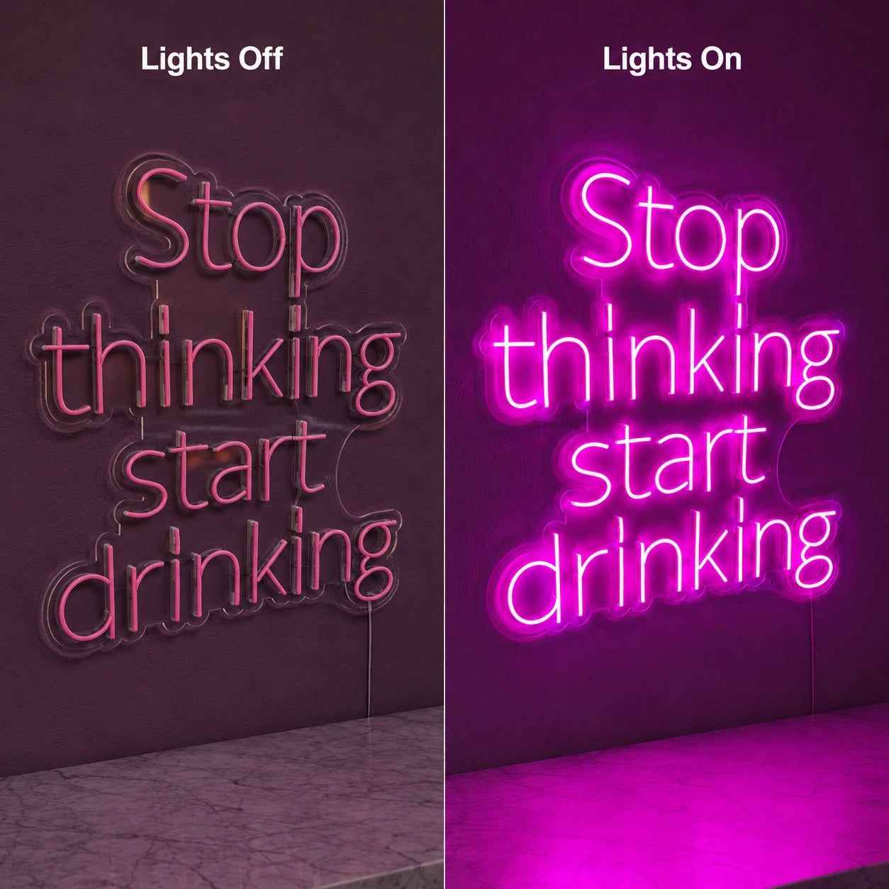 Stop Thinking Start Drinking LED Neon Sign Garage Man Cave Neon Sign day and night comparison