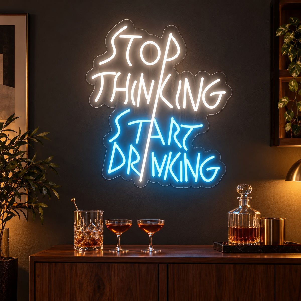 Stop Thinking Start Drinking LED Neon Sign - advertising view