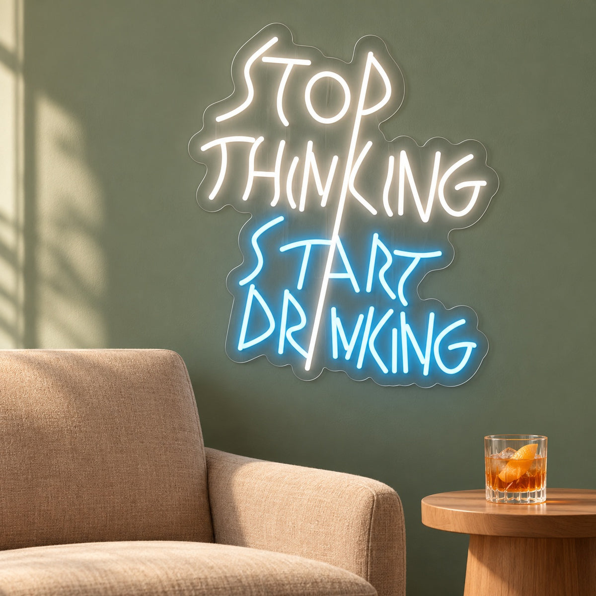 Stop Thinking Start Drinking LED Neon Sign - lifestyle view