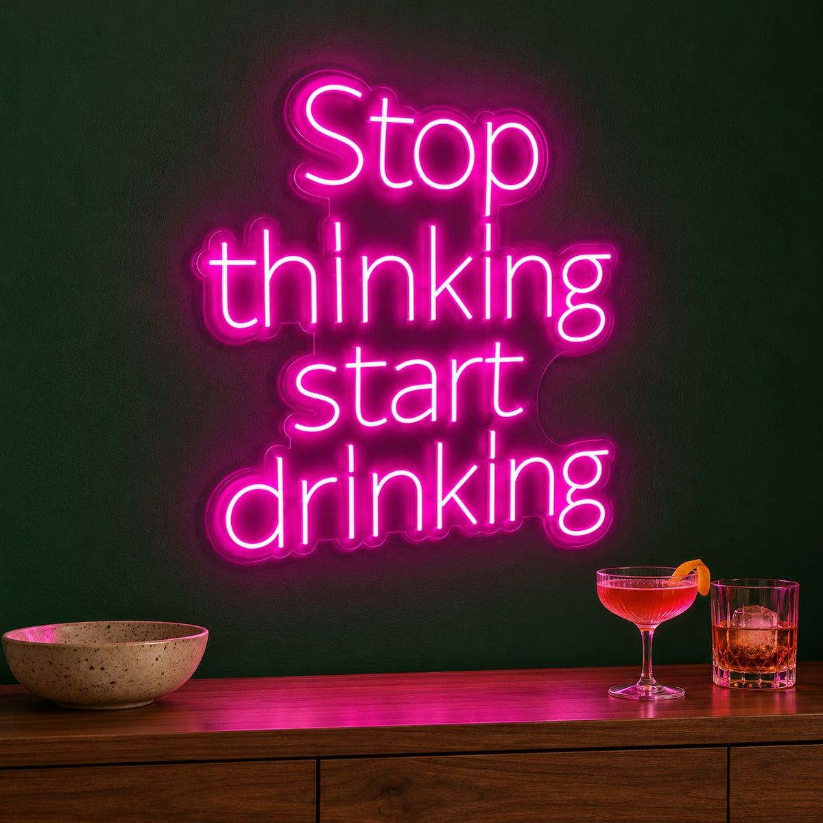 Stop Thinking Start Drinking LED Neon Sign - advertising view