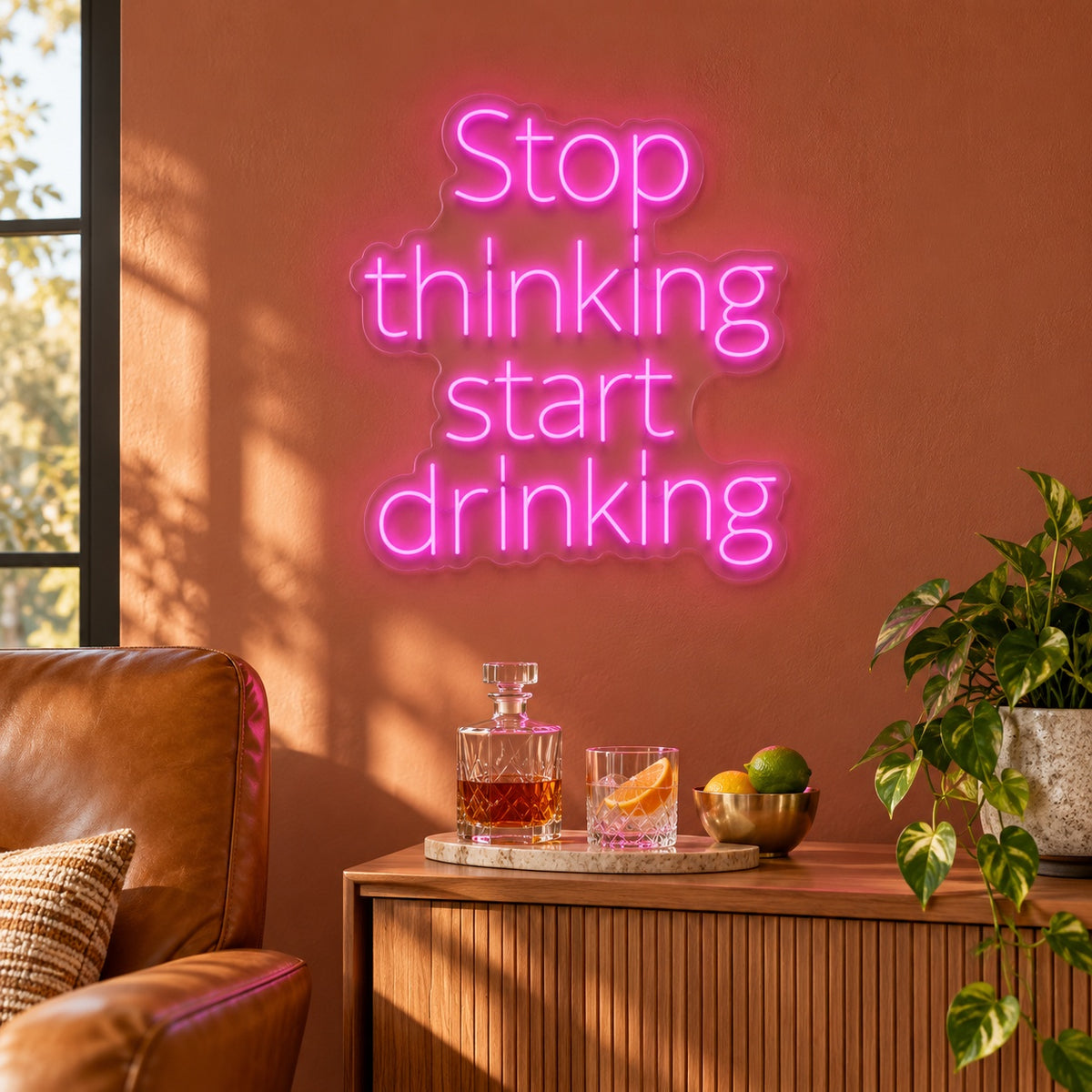Stop Thinking Start Drinking LED Neon Sign - lifestyle view