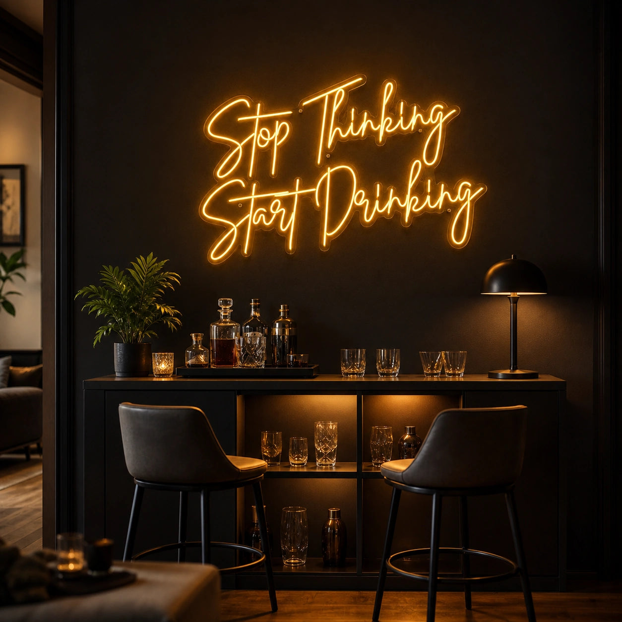 Stop Thinking Stay Drinking LED Neon Sign Garage Man Cave Neon Sign real lifestyle scene