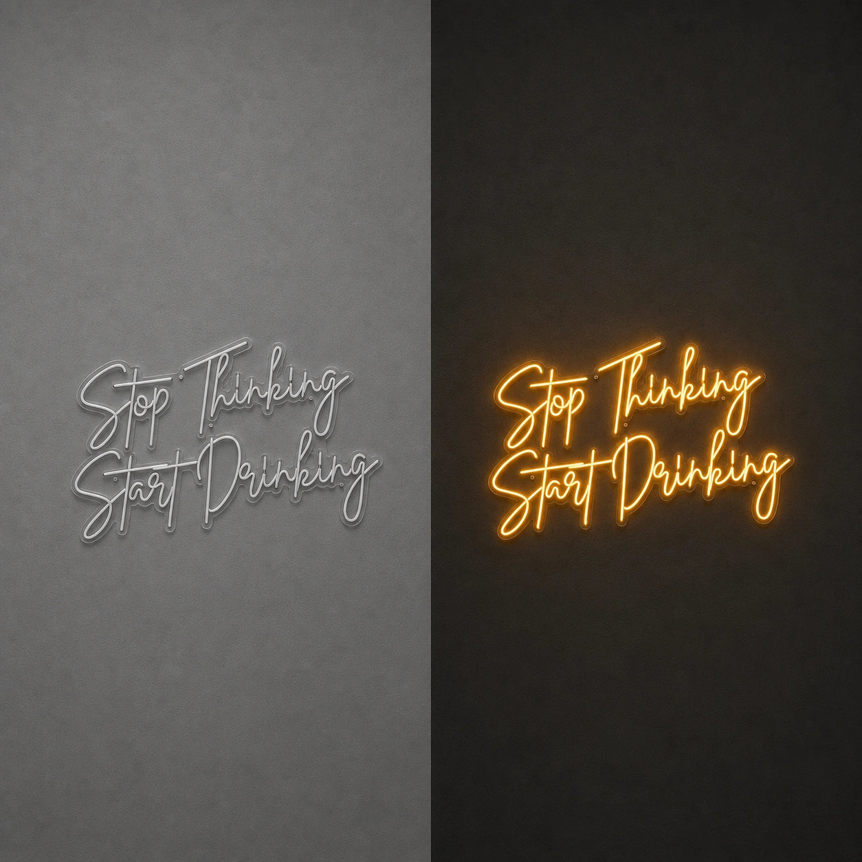 Stop Thinking Stay Drinking LED Neon Sign Garage Man Cave Neon Sign day and night comparison