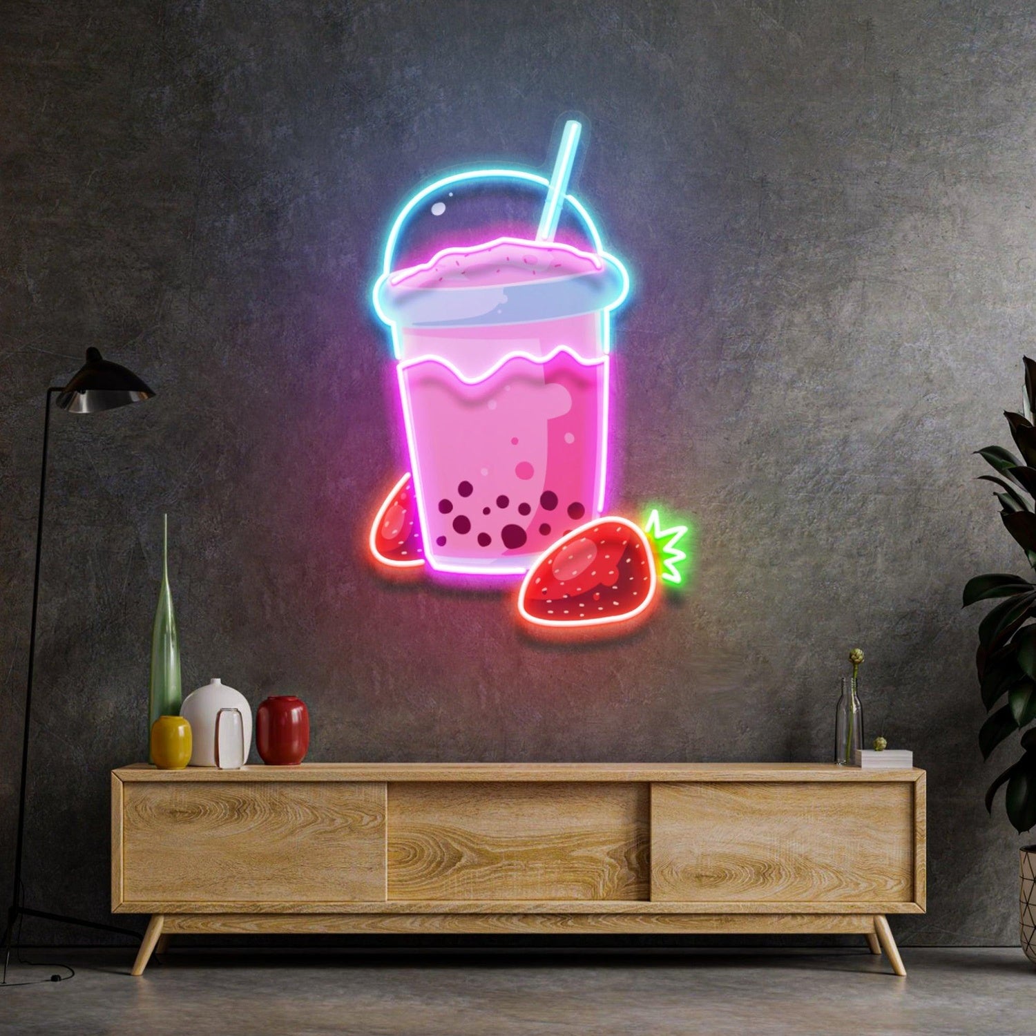 Strawberry Milk Cartoon Cup Uv Printed Led Neon Sign For Home And Bubble Tea Shop | Shineneon