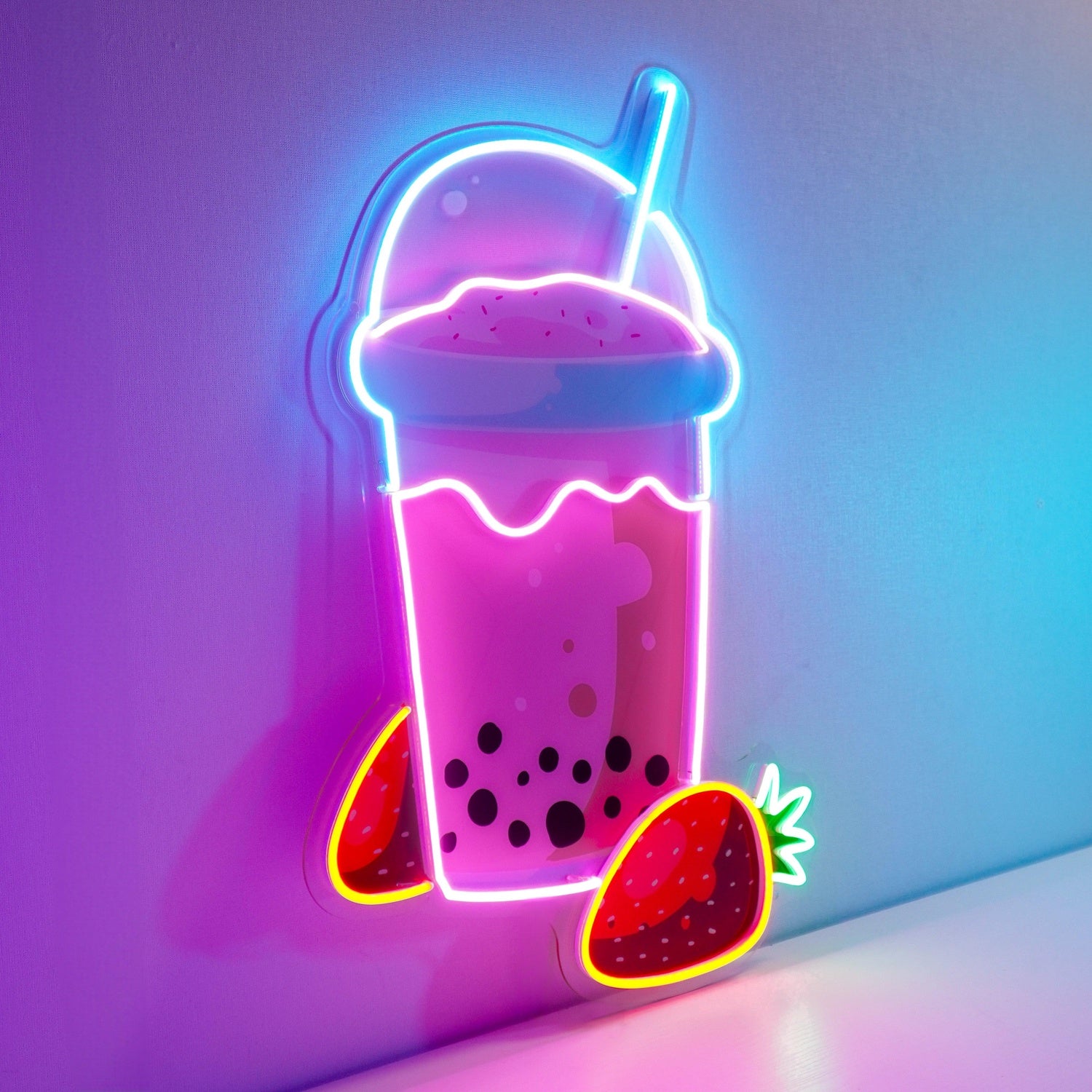 Strawberry Milk Cartoon Cup Uv Printed Led Neon Sign For Home And Bubble Tea Shop | Shineneon