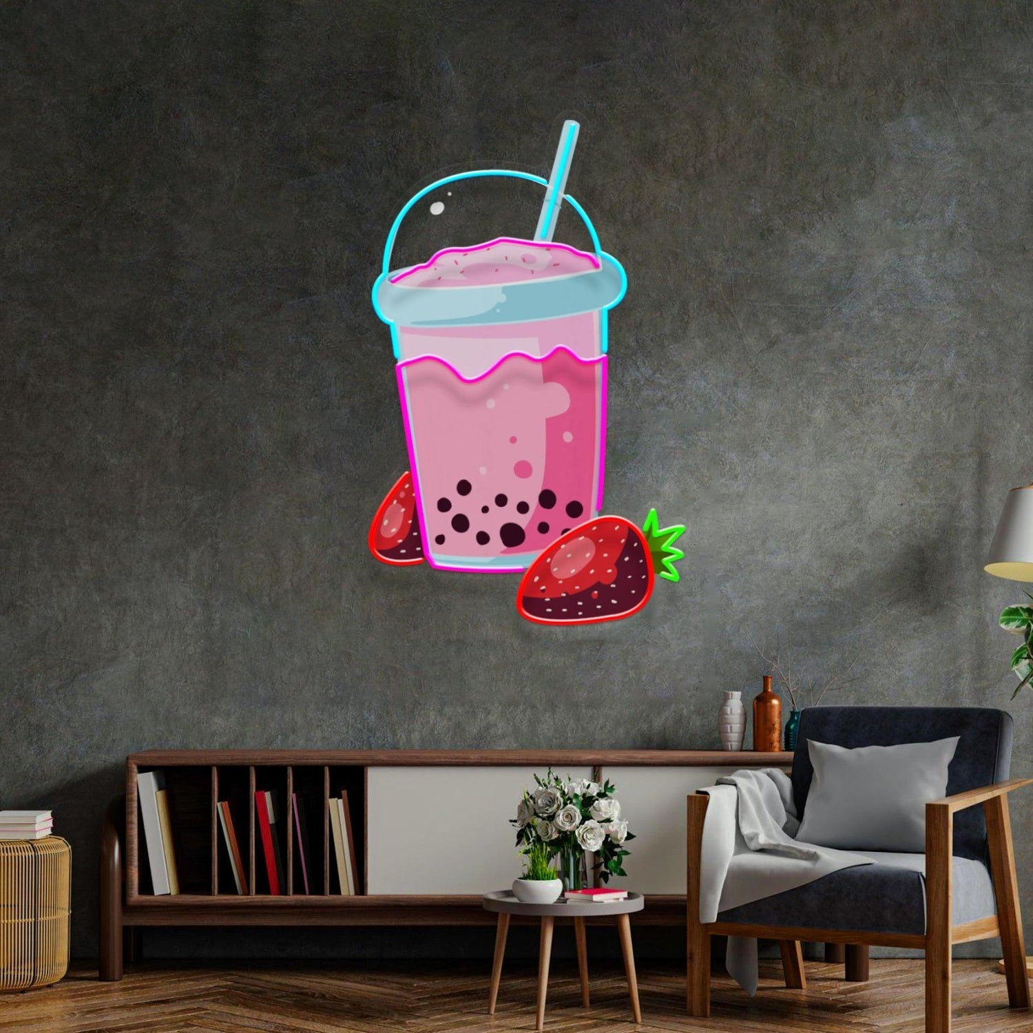 Strawberry Milk Cartoon Cup Uv Printed Led Neon Sign For Home And Bubble Tea Shop | Shineneon