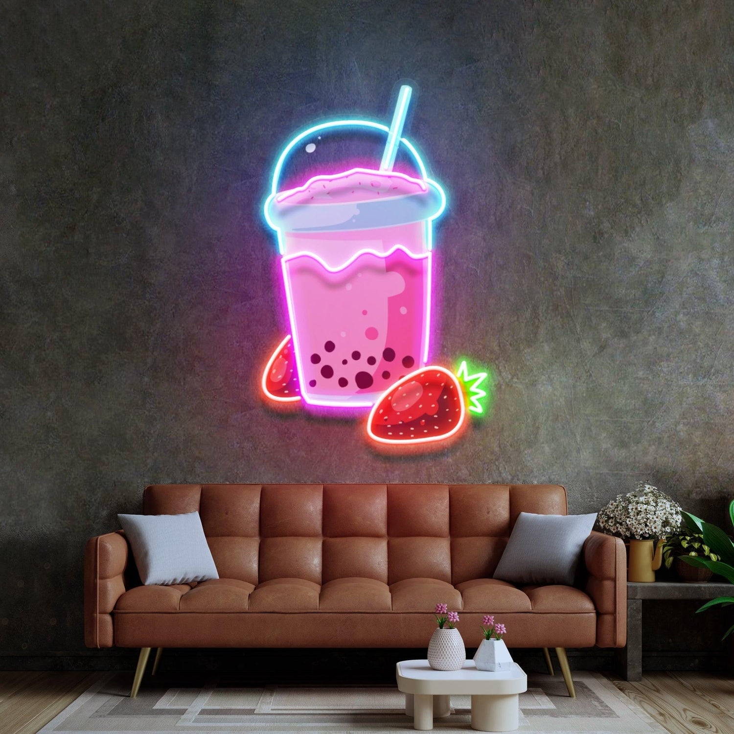 Strawberry Milk Cartoon Cup Uv Printed Led Neon Sign For Home And Bubble Tea Shop | Shineneon