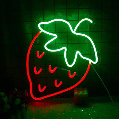 Strawberry Red - Green Led Neon Sign For Room Wall Cafe Decor - Shineneon