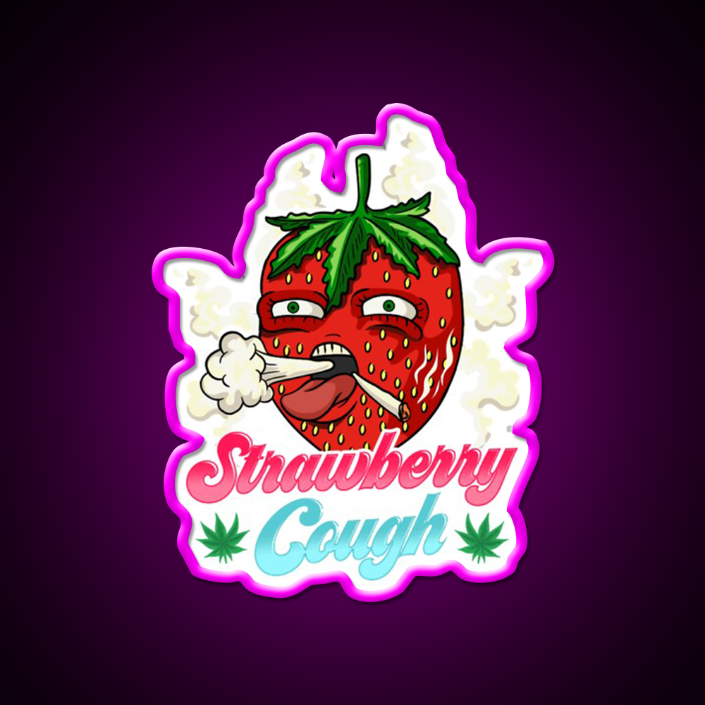 Strawberry Strain Weed Cough Hemp Inspired Green Leaf Led Neon Sign Rgb Color - Neon sign mounted on wall in room