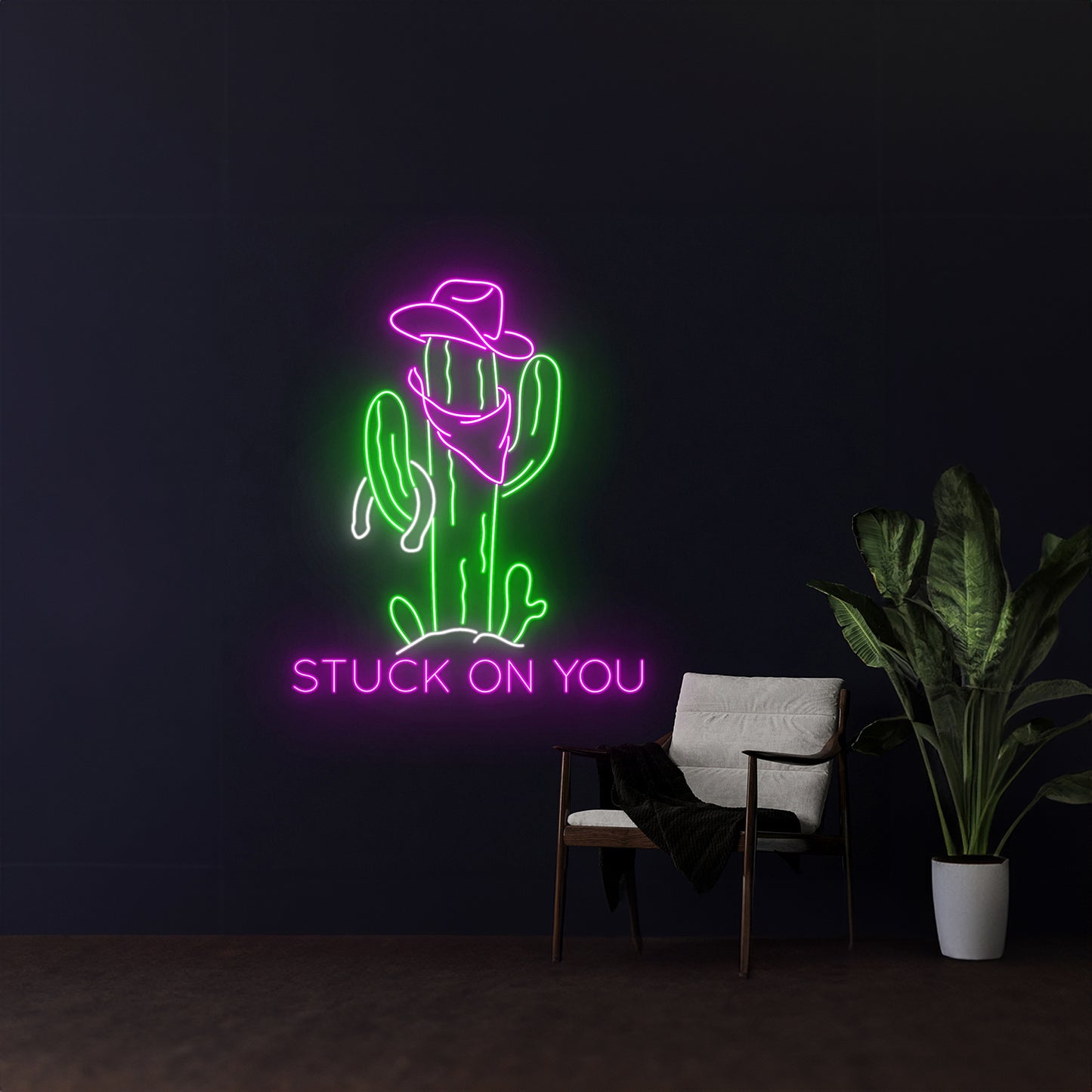 Stuck On You Cowboy Hat Cactus Horseshoes Neon Sign