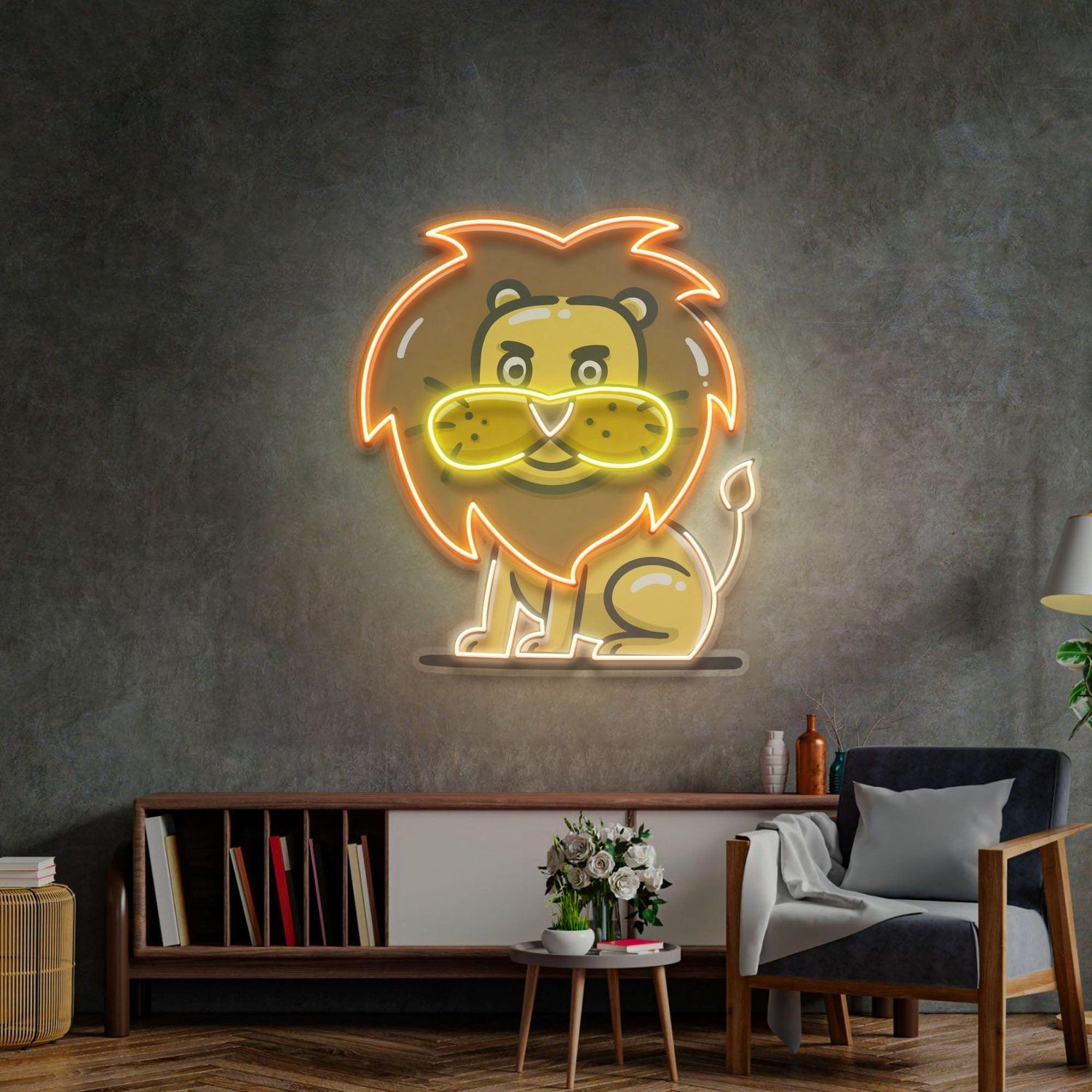 Stupid Lion Orange-Yellow Cartoon Uv Printed Led Neon Sign For Home Decor | Shineneon