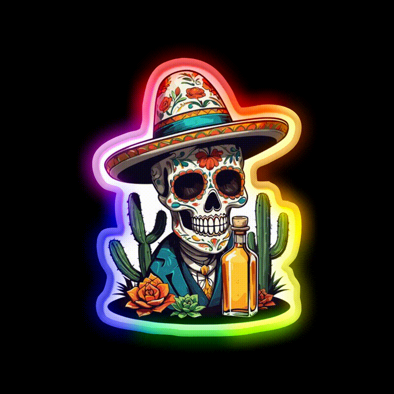Sugar Skull Iconic Mexico Drink Celebration Party Drink Tequila Led Neon Sign Rgb Color - LED neon sign close-up detail