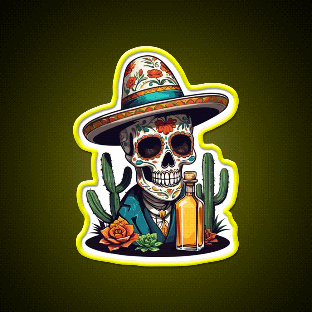 Sugar Skull Iconic Mexico Drink Celebration Party Drink Tequila Led Neon Sign Rgb Color - Custom LED neon sign front view