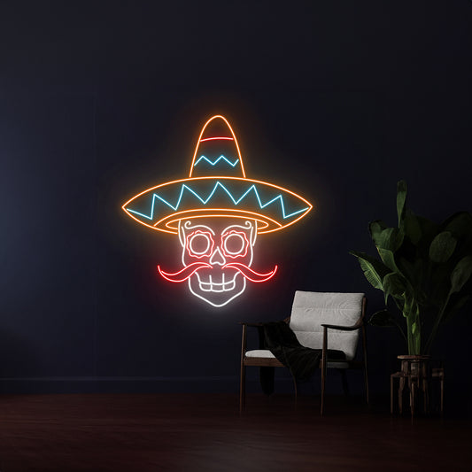 Sugar Skull Sombrero Hat Mustache Neon Light Room Decor