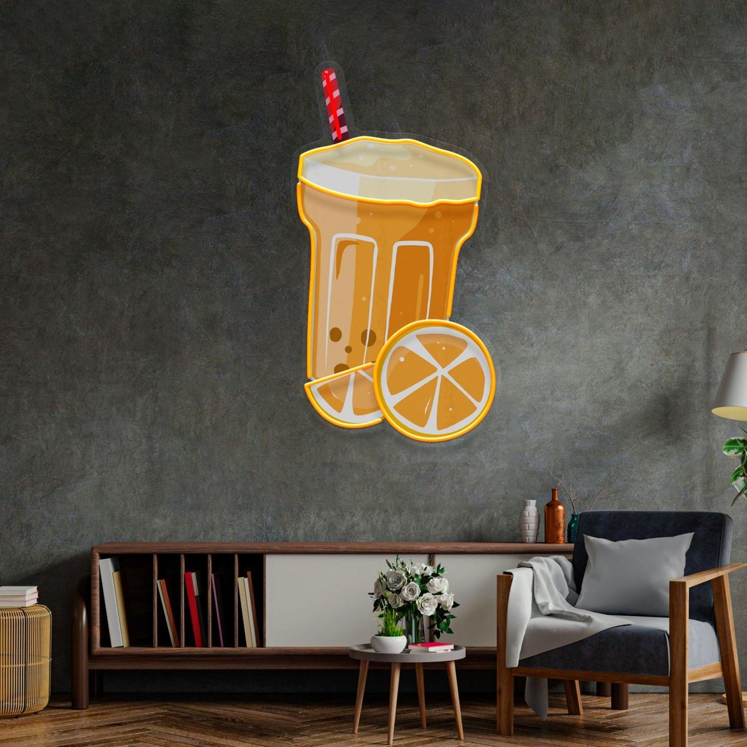 Summer Drink Orange White Red-Stripe Straw Uv Printed Led Neon Sign For Bar Decor | Shineneon