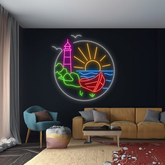 Sun Ocean Waves Boat Neon Sign