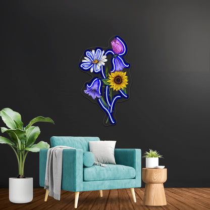 Sunflower Daisy Tulip Bluebell Flower Bouquet Neon Sign Artwork For A Bar