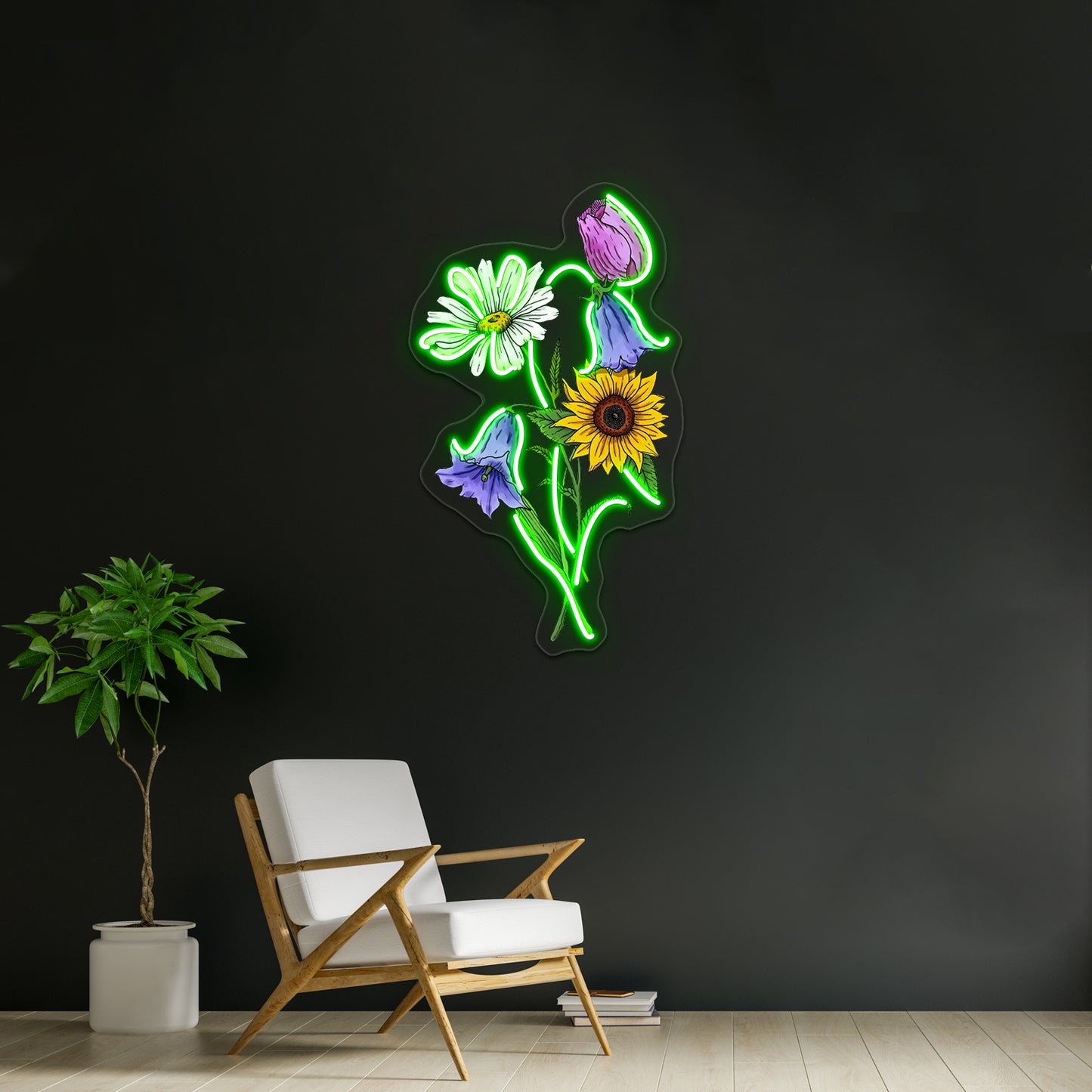 Sunflower Daisy Tulip Bluebell Flower Bouquet Neon Sign Artwork For A Bar