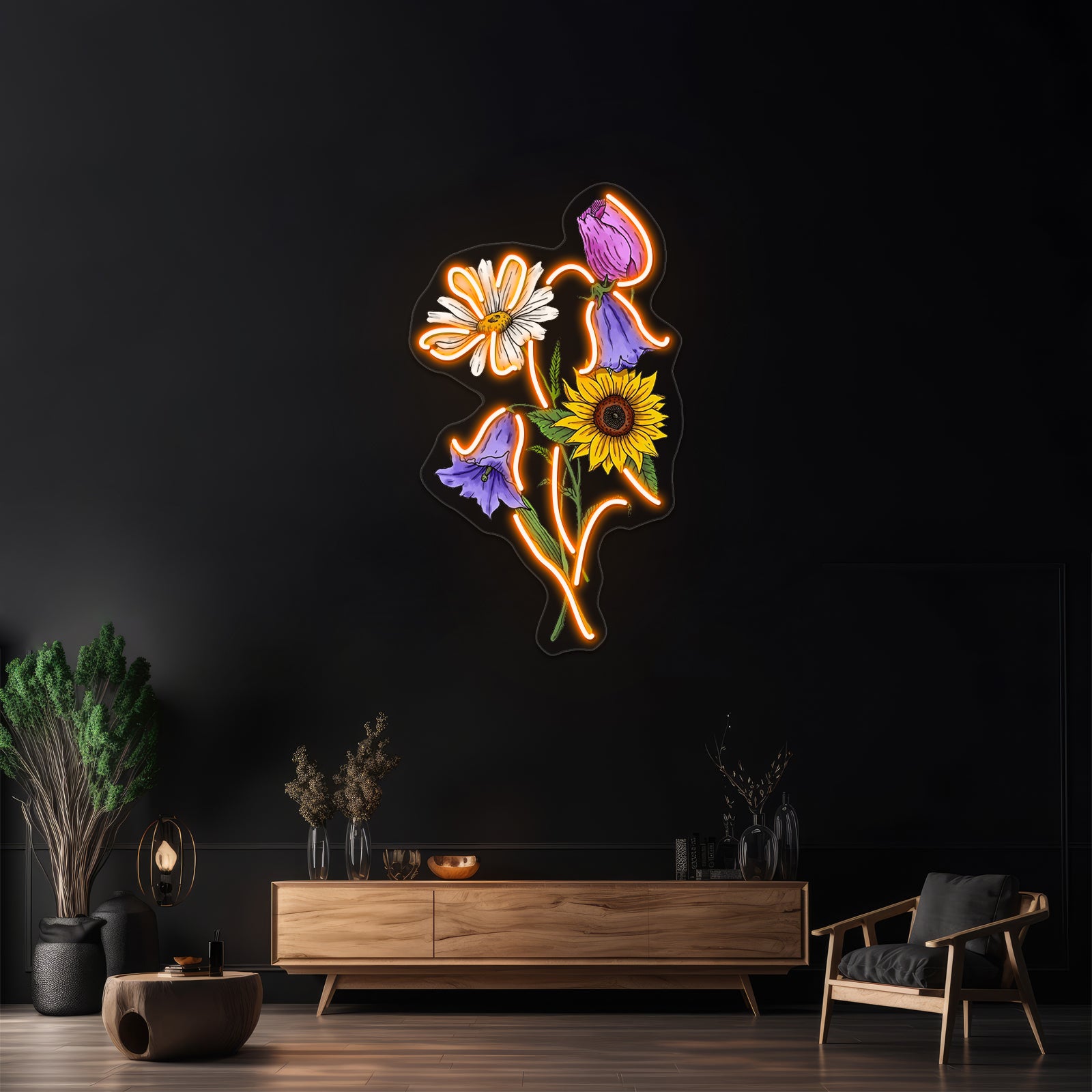 Sunflower Daisy Tulip Bluebell Flower Bouquet Neon Sign Artwork For A Bar | Shineneon