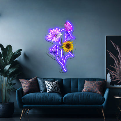 Sunflower Daisy Tulip Bluebell Flower Bouquet Neon Sign Artwork For A Bar