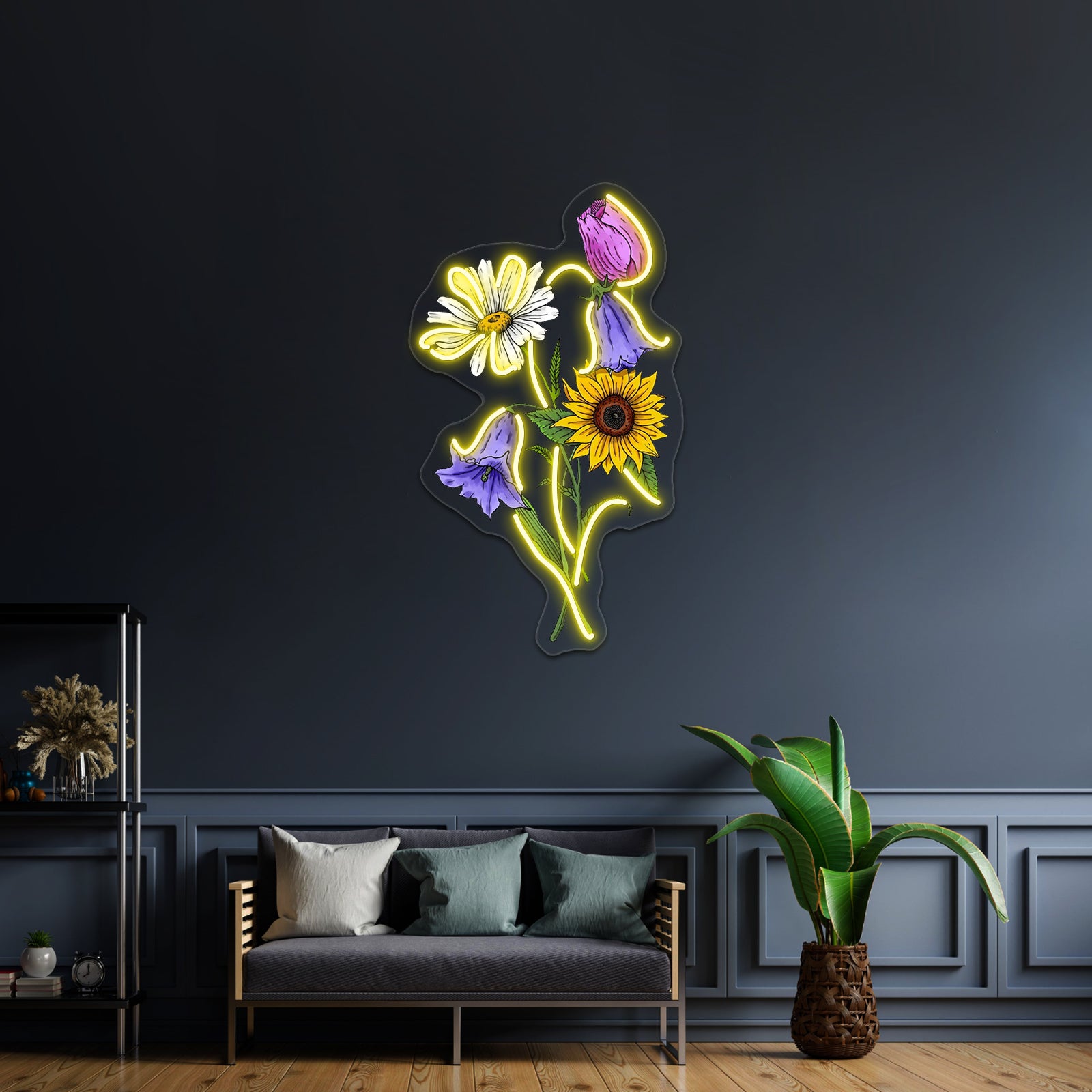 Sunflower Daisy Tulip Bluebell Flower Bouquet Neon Sign Artwork For A Bar | Shineneon