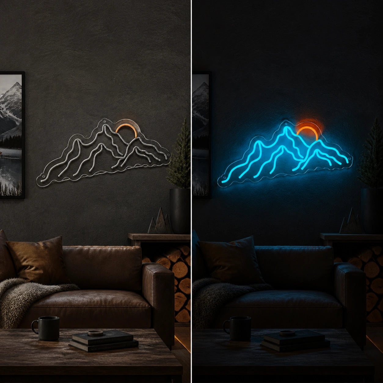 Sunset Behind Mountain Range Vintage LED Neon Sign day and night comparison