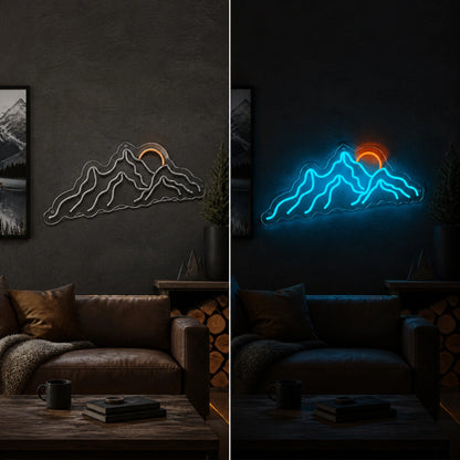 Sunset Behind Mountain Range Vintage LED Neon Sign day and night comparison