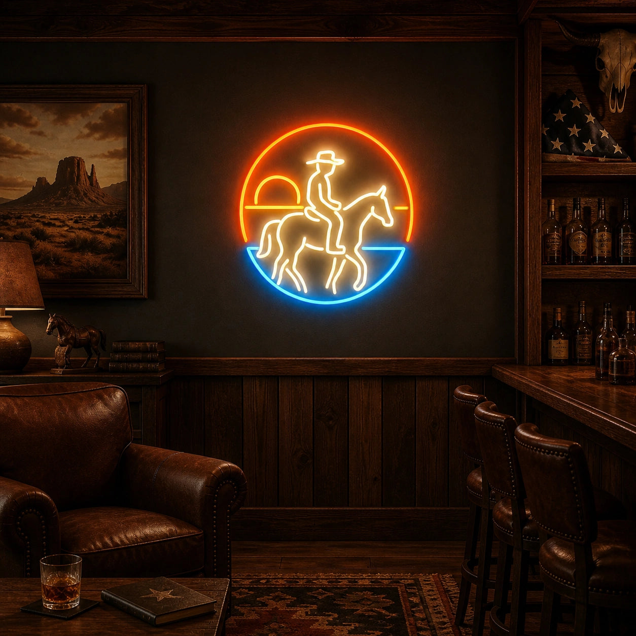 Sunset Cowboy Horseback Vintage LED Neon Sign size image