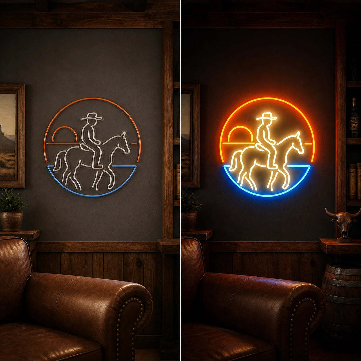 Sunset Cowboy Horseback Vintage LED Neon Sign day and night comparison