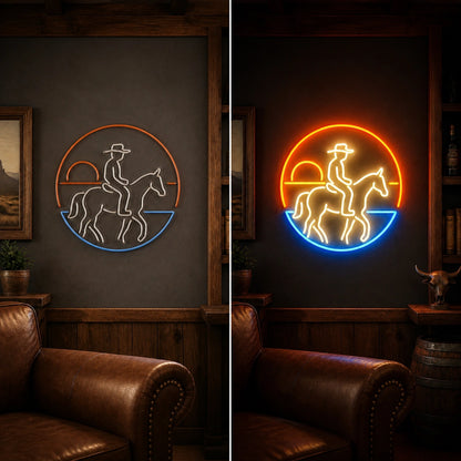 Sunset Cowboy Horseback Vintage LED Neon Sign day and night comparison