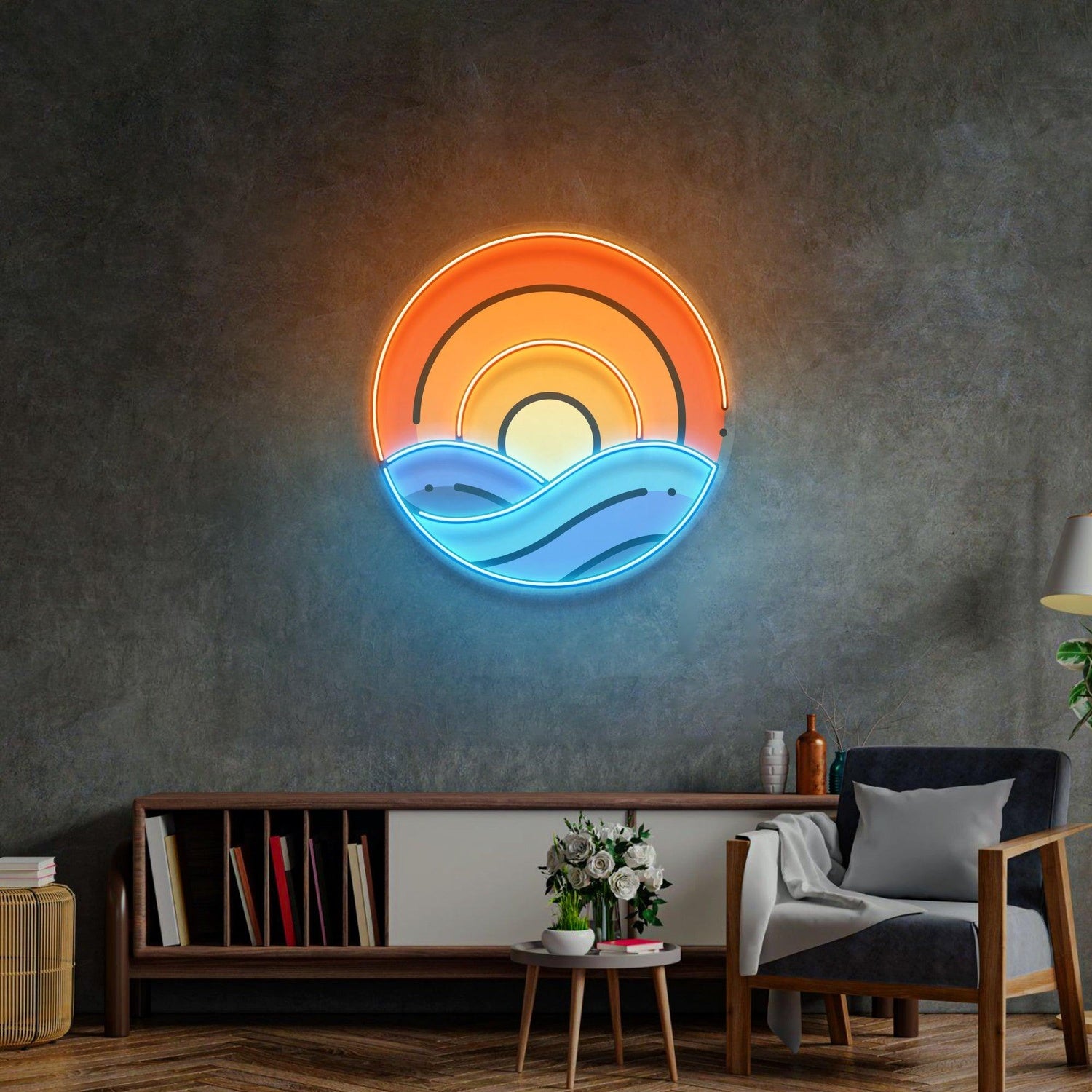 Sunset On Ocean Uv Printed Led Neon Sign With Sun Waves For Coastal Living Room Decor | Shineneon