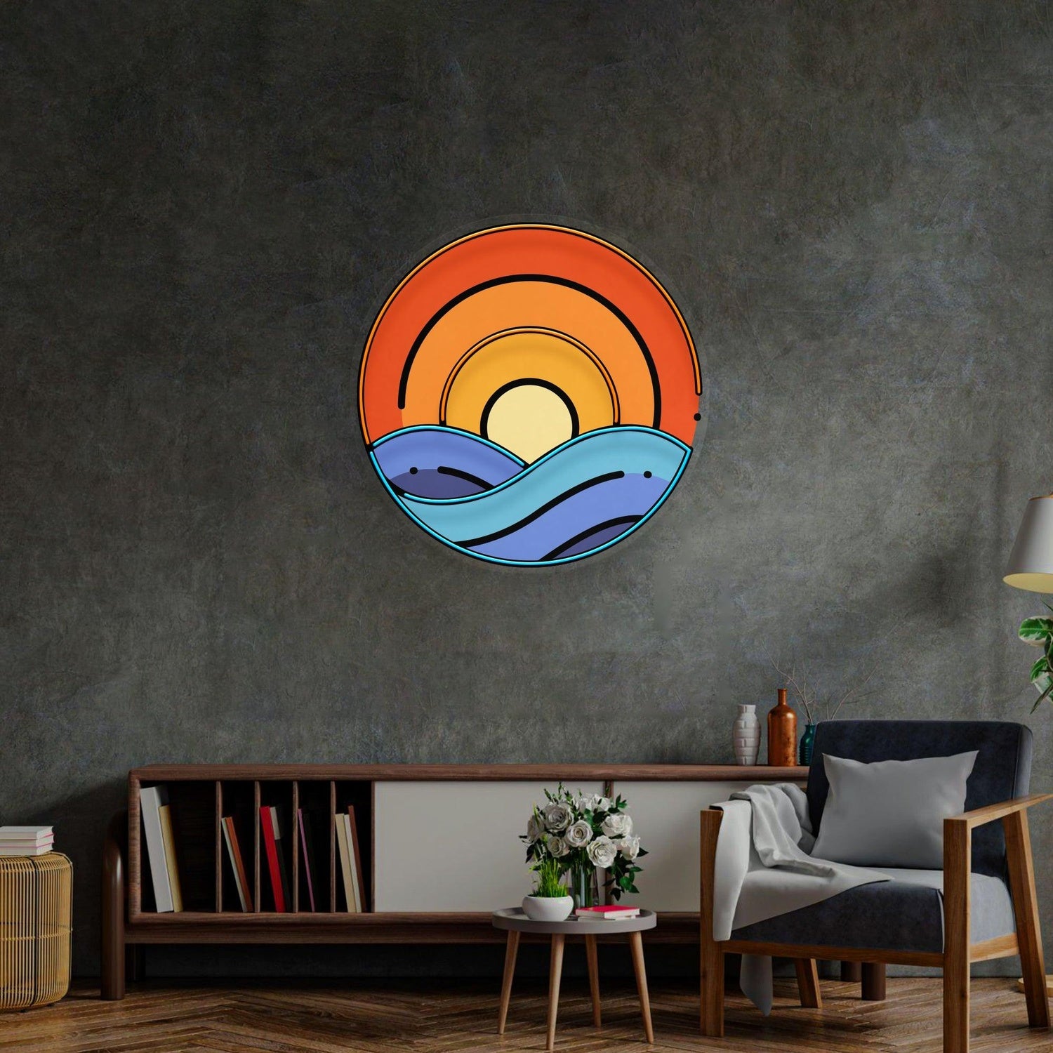 Sunset On Ocean Uv Printed Led Neon Sign With Sun Waves For Coastal Living Room Decor | Shineneon