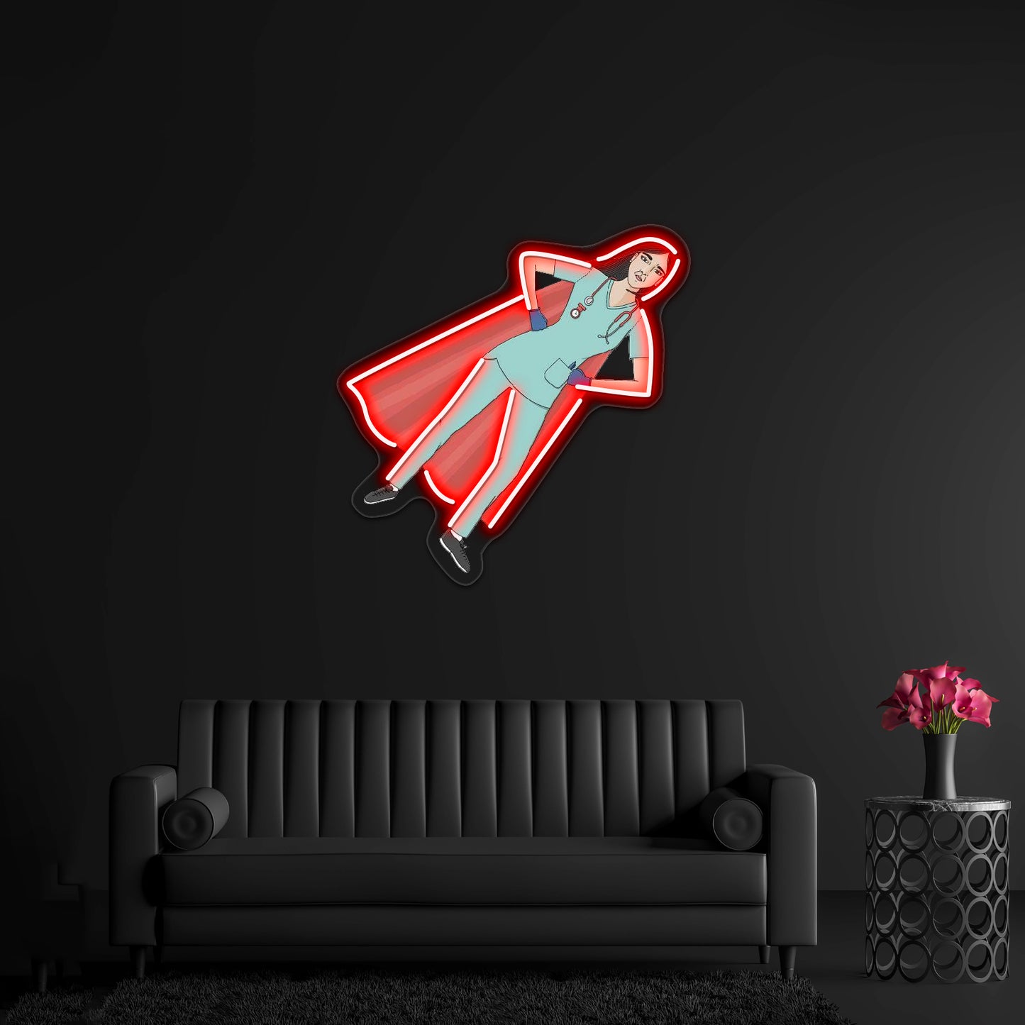 Superhero Nurse Red Cape Neon Sign Artwork For Neon Wall Signs