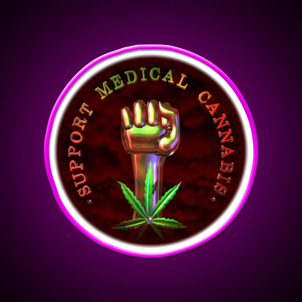 Support Medical Cannabis Fist Hemp Inspired Green Leaf Led Neon Sign Rgb Color - Neon sign mounted on wall in room