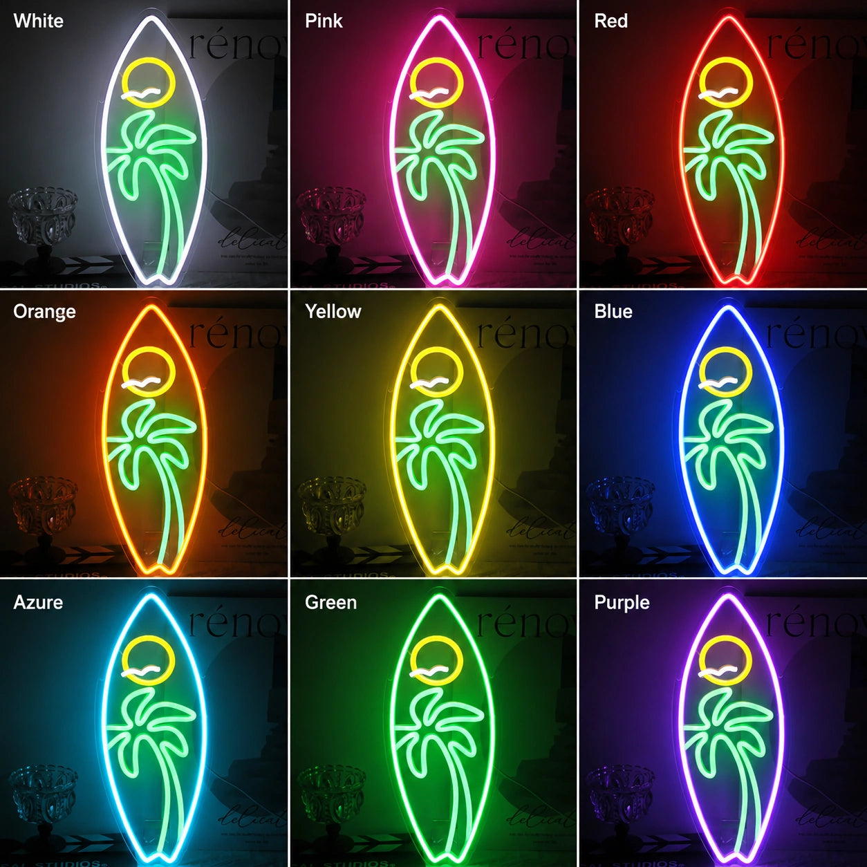 Surfboard Palm Neon Sign LED Neon Sign color grid