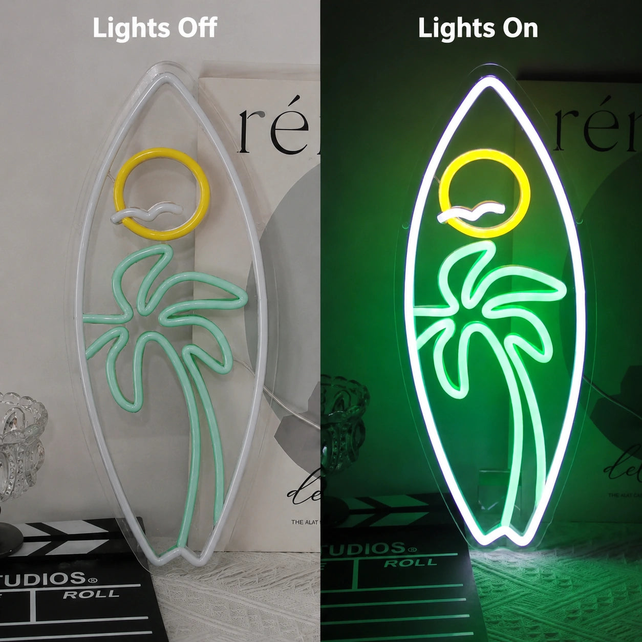 Surfboard Palm Neon Sign LED Neon Sign day and night comparison