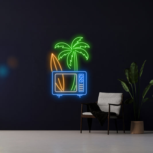 Surfboard Palm Tree Retro Tv Neon Sign