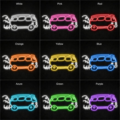 Surfboard Travel Bus LED Neon Sign day and night comparison