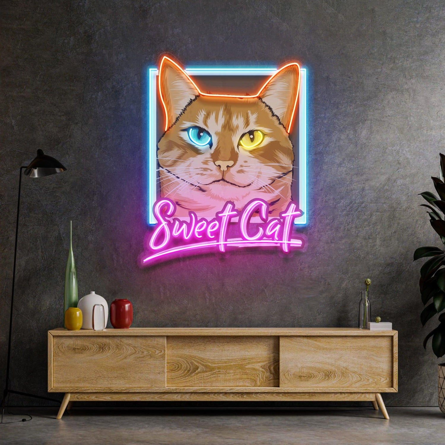 Sweet Cat Blue-Orange-Pink Uv Printed Led Neon Sign For Indoor Wall Decor | Shineneon