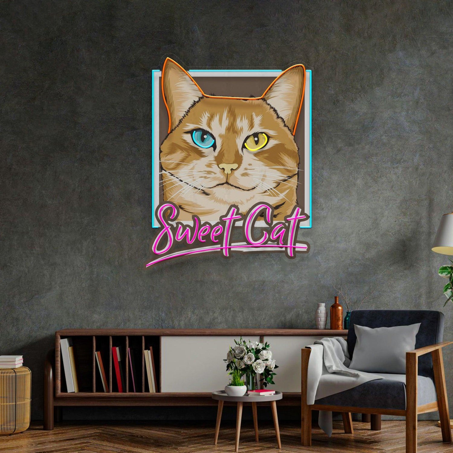 Sweet Cat Blue-Orange-Pink Uv Printed Led Neon Sign For Indoor Wall Decor | Shineneon